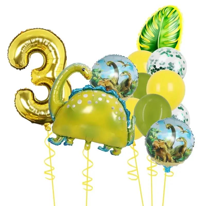 1Set Dinosaur 32Inch Number Leaf Aluminum Film Balloon Set Jurassic Dinosaur Theme Green Balloon Kids Birthday Party Supplies