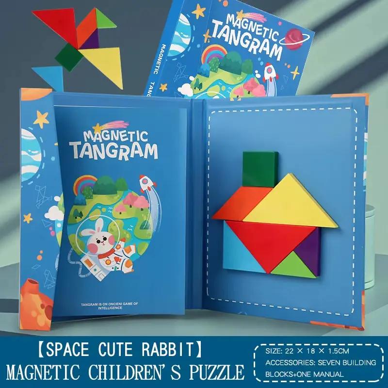 Wooden Jigsaw Magnetic Tangram Puzzle Book Educational Toys for Children Baby Kid Portable Montessori Learning Intelligence