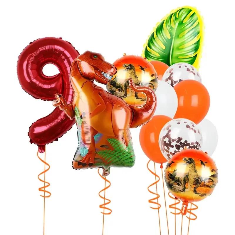 1Set Dinosaur 32Inch Number Leaf Aluminum Film Balloon Set Jurassic Dinosaur Theme Green Balloon Kids Birthday Party Supplies