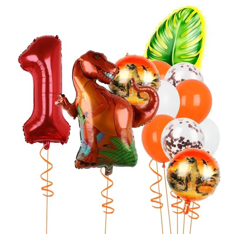 1Set Dinosaur 32Inch Number Leaf Aluminum Film Balloon Set Jurassic Dinosaur Theme Green Balloon Kids Birthday Party Supplies
