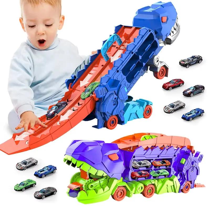 Transport Dinosaur Truck with Foldable Sliding Race Track Car Model Transforms into Standing T-Rex Gift Puzzle Toy Boy Girl