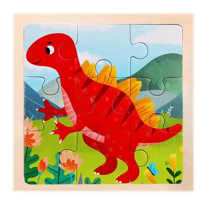 9 Pieces Wooden Puzzle Cartoon Dinosaur Transportation Montessori 3D Puzzle Game Early Learning Educational Toys for Children