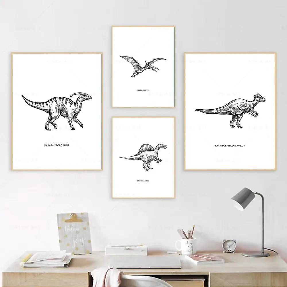 Dinosaur Sketch Paleontology Wall Art Canvas Painting Dinosaur Nordic Poster Print Wall Picture for Boy Kids Room Playroom Decor
