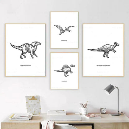 Dinosaur Sketch Paleontology Wall Art Canvas Painting Dinosaur Nordic Poster Print Wall Picture for Boy Kids Room Playroom Decor