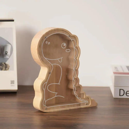 Wood Dinosaur Shape Money Box Piggy Banks Kids Coin Storage Case Children Cash Saving Transparent Home Decor