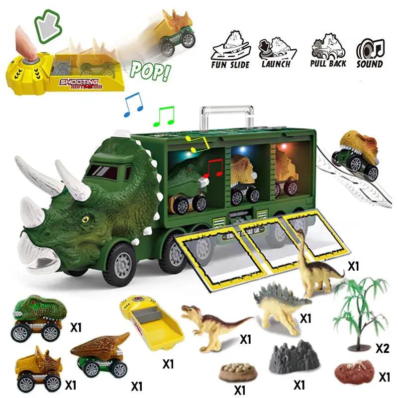 Dinosaur Transport Toy Truck Pull Back Vehicles Dino Container Storage Car Model Lighting Music Kids Boys Children Birthday Gift