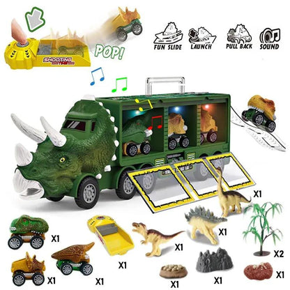 Dinosaur Transport Toy Truck Pull Back Vehicles Dino Container Storage Car Model Lighting Music Kids Boys Children Birthday Gift