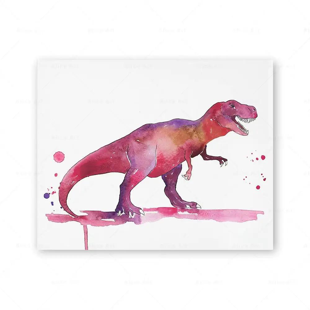 Watercolor Dinosaur Poster Dinosaur Footprints Skeleton Wall Art Canvas Painting T-Rex Print Nursery Baby Kids Boys Room Decor