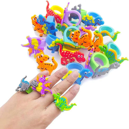 12Pcs Cartoon Dinosaur Rubber Rings Soft Dino Ring Kids Birthday Dinosaur Party Pinata Fillers Boys Girls Favors Suppies Toys