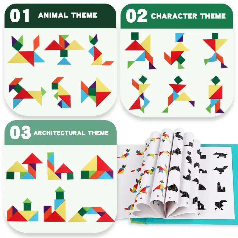 Wooden Jigsaw Magnetic Tangram Puzzle Book Educational Toys for Children Baby Kid Portable Montessori Learning Intelligence