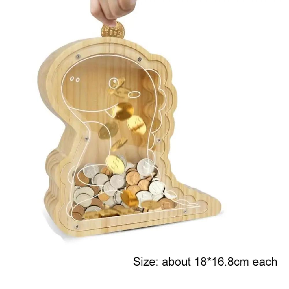 Wood Dinosaur Shape Money Box Piggy Banks Kids Coin Storage Case Children Cash Saving Transparent Home Decor