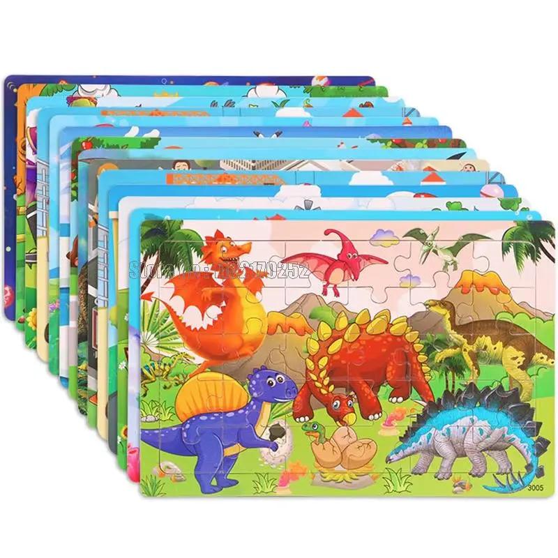 30Pcs Animals Dinosaur Puzzle Wooden Preschool Kids Cartoon Learning Educational Christmas Toys
