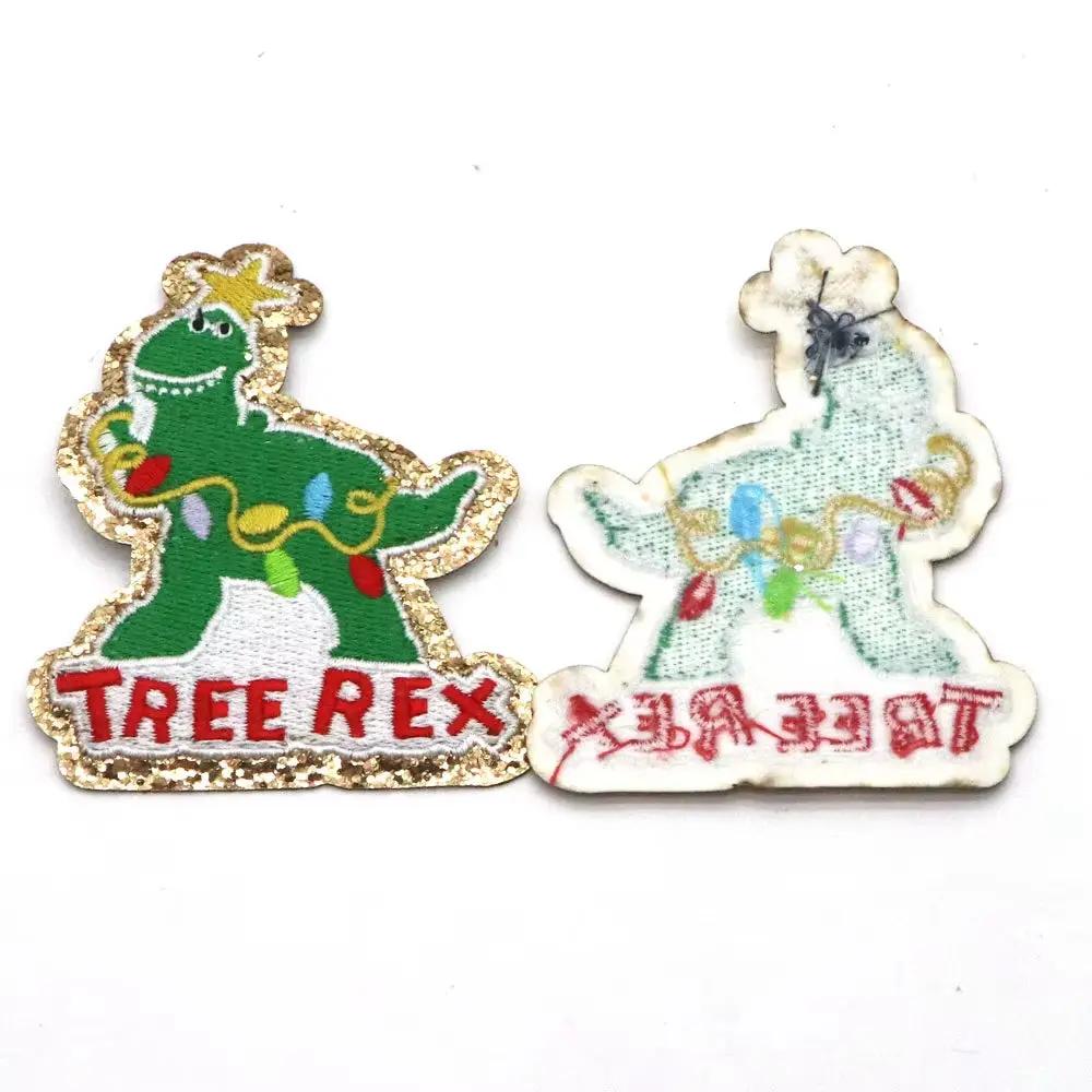 1PC Dinosaur Golden Edges Embroidery Patches Iron on Patch Christmas Paste for Bags Hat DIY Clothing Decor Repair Badeges