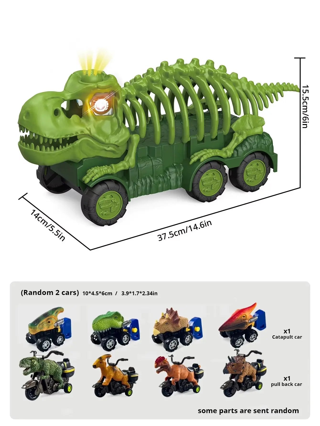 Dinosaur Skeleton Car Model (1 Large Car with 2 Small Cars (Random Style and Color) with Ejection Function, Sound, Light