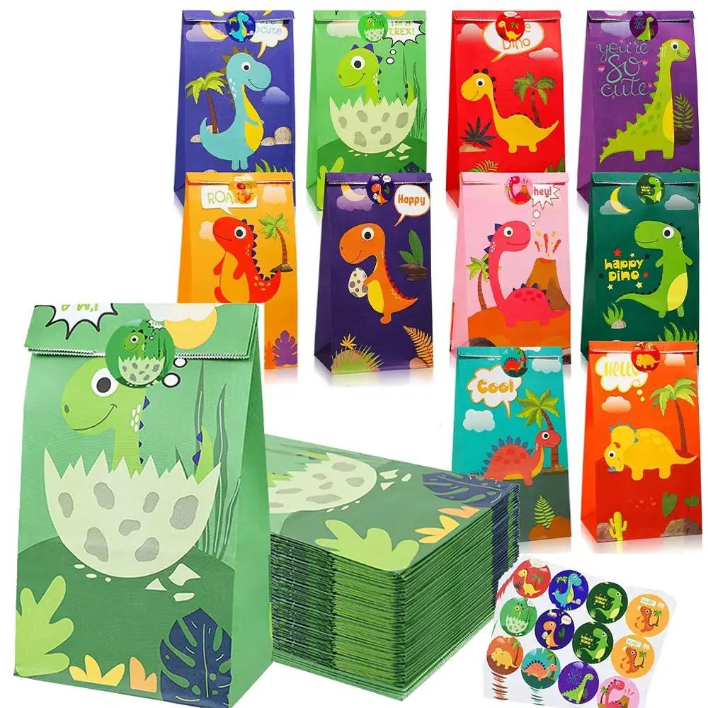 12Pcs Cartoon Dinosaur Birthday Party Paper Bags with Stickers for Kids Dino Jungle Safari Party Gift Goodies Candy Bag Supplies
