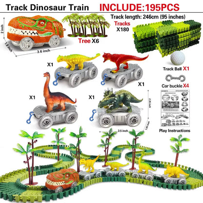 Dinosaur Toys-Magical Train Track Racing Toy Bend Flexible Race Track Flash Light Car Educational Toys for Kids Gift