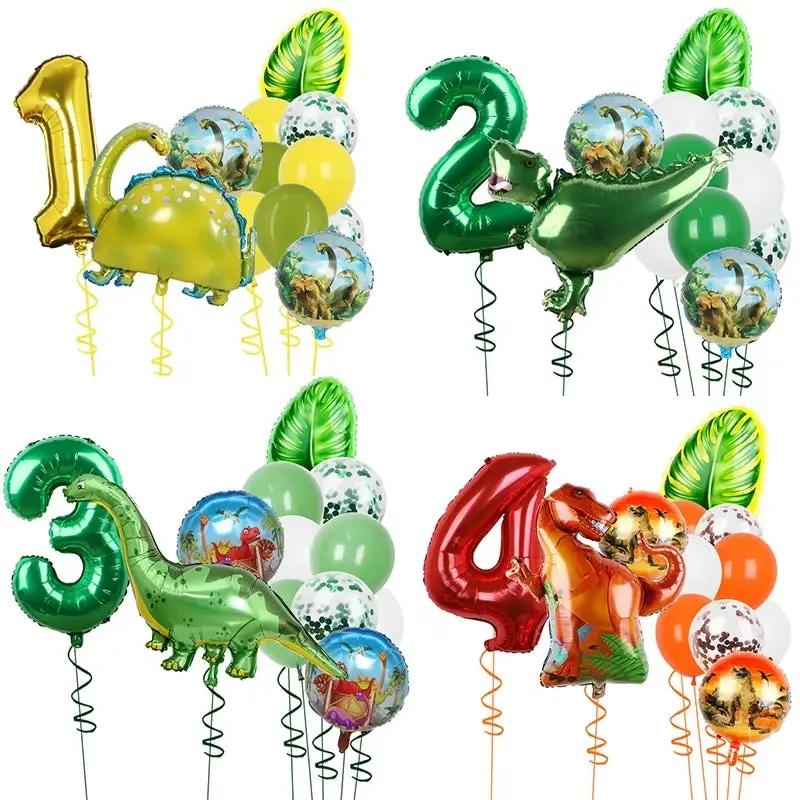 1Set Dinosaur 32Inch Number Leaf Aluminum Film Balloon Set Jurassic Dinosaur Theme Green Balloon Kids Birthday Party Supplies