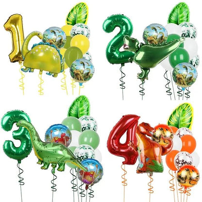 1Set Dinosaur 32Inch Number Leaf Aluminum Film Balloon Set Jurassic Dinosaur Theme Green Balloon Kids Birthday Party Supplies