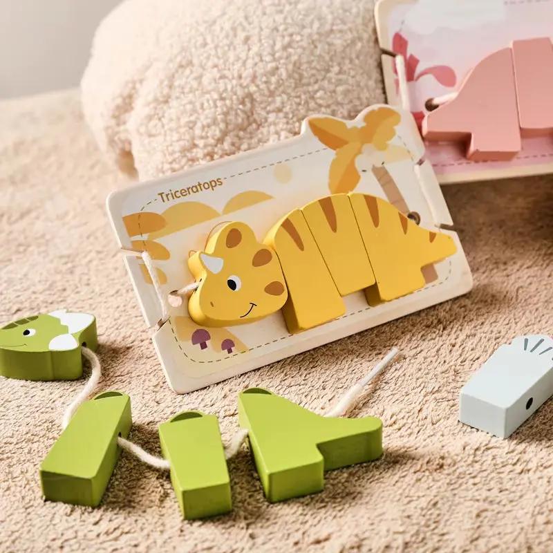 Wooden Animal Threading Toy Cartoon Dinosaur Puzzle Kid Montessori Educational Toy Baby Finger Fine Sports Toy Gift for Children