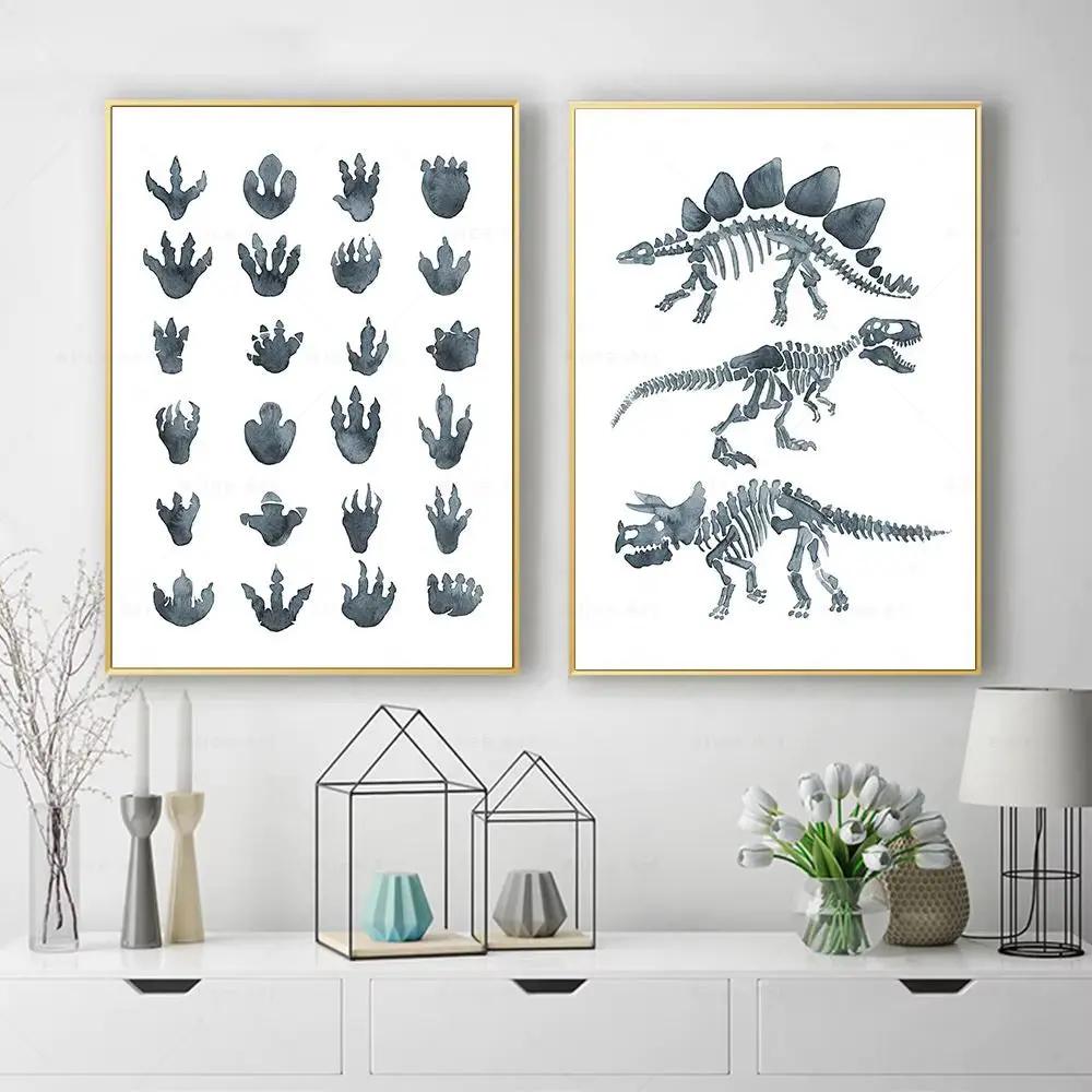 Watercolor Dinosaur Poster Dinosaur Footprints Skeleton Wall Art Canvas Painting T-Rex Print Nursery Baby Kids Boys Room Decor