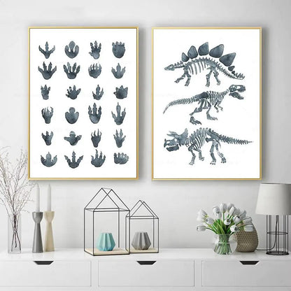 Watercolor Dinosaur Poster Dinosaur Footprints Skeleton Wall Art Canvas Painting T-Rex Print Nursery Baby Kids Boys Room Decor