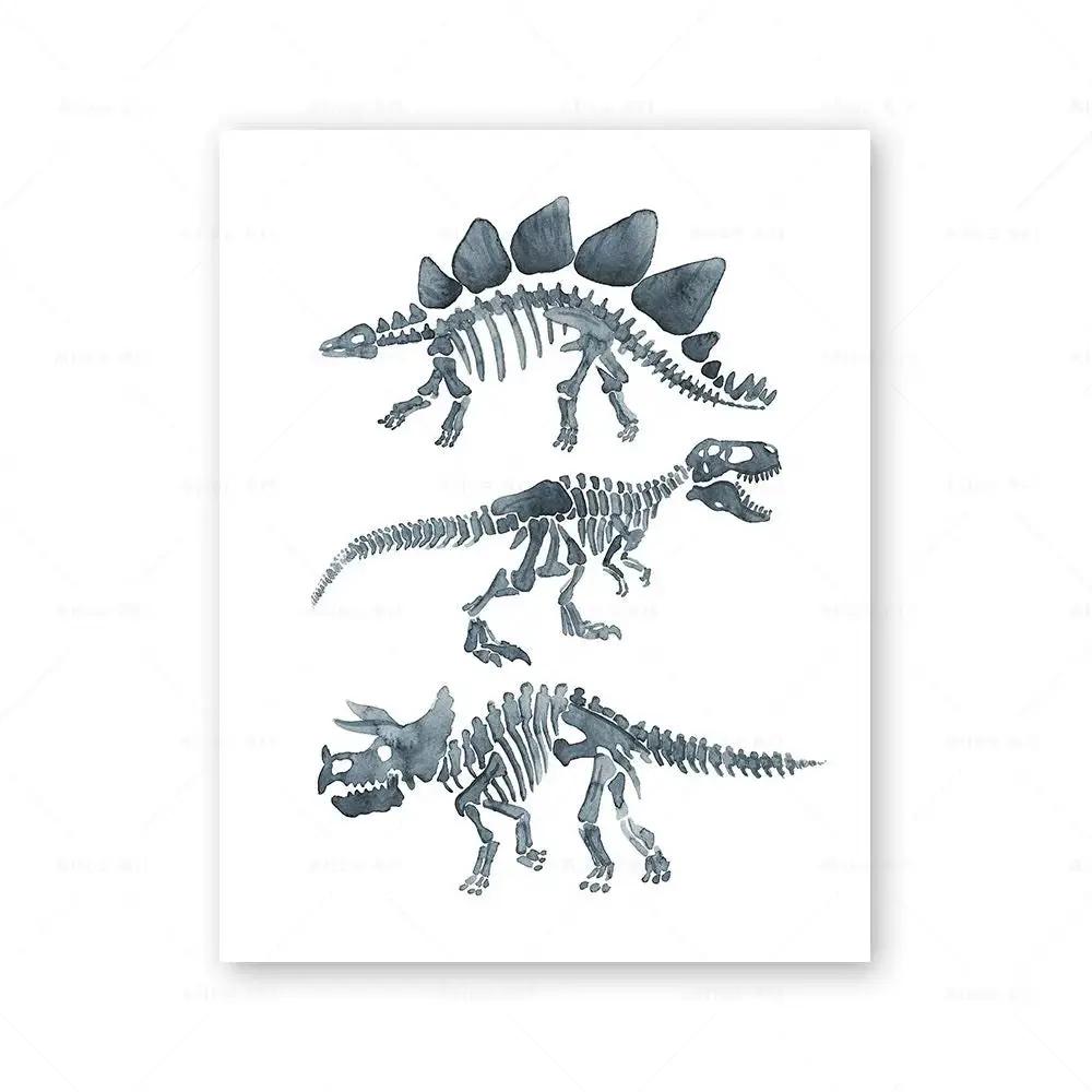Watercolor Dinosaur Poster Dinosaur Footprints Skeleton Wall Art Canvas Painting T-Rex Print Nursery Baby Kids Boys Room Decor
