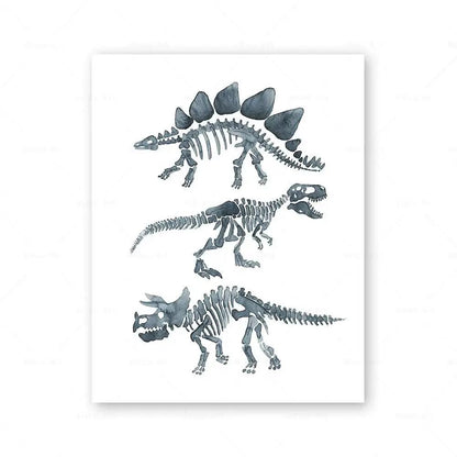 Watercolor Dinosaur Poster Dinosaur Footprints Skeleton Wall Art Canvas Painting T-Rex Print Nursery Baby Kids Boys Room Decor