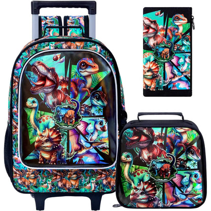 3PCS Rolling Backpack for Girls Boys, Kids Roller Wheels Bookbag, Wheeled School Bag with Lunch Bag