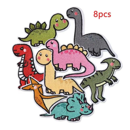 8Pcs Dinosaur Animal Iron Patches for Clothing Kids Embroidered on Cute Anime Lot Sets Mixed Jackets Sew Diy Pack Bulk Wholesale