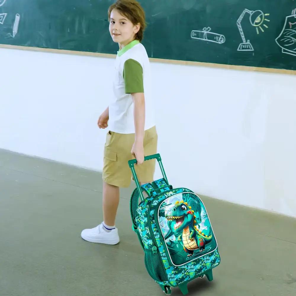 3PCS Dinosaur Rolling Backpack for Boys, Kids School Backpacks with Wheels, Water Resistant Uv Printed Roller Wheeled Bookbag