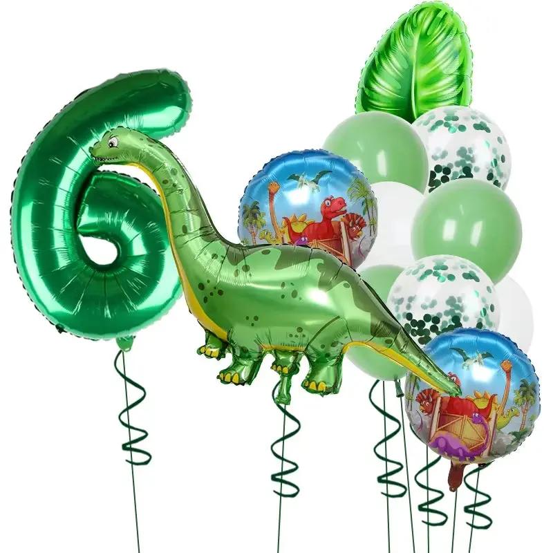 1Set Dinosaur 32Inch Number Leaf Aluminum Film Balloon Set Jurassic Dinosaur Theme Green Balloon Kids Birthday Party Supplies