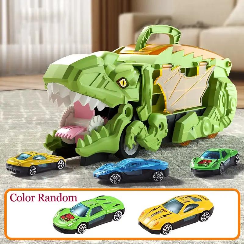 Transport Dinosaur Truck with Foldable Sliding Race Track Car Model Transforms into Standing T-Rex Gift Puzzle Toy Boy Girl