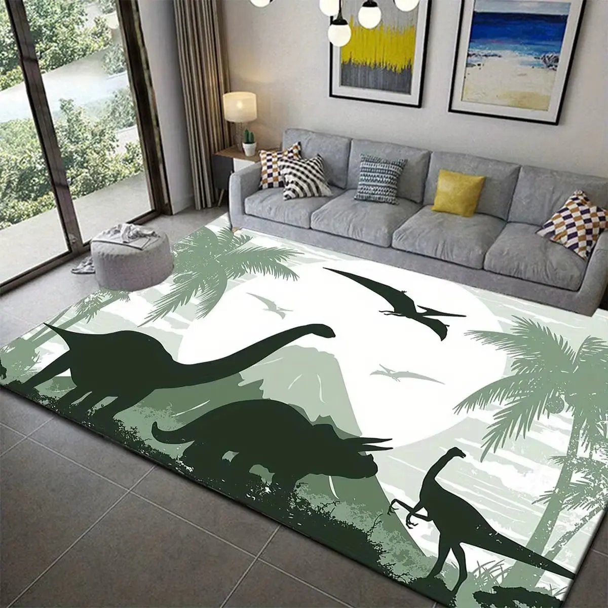 1Pc Dinosaur Pattern Soft Floor Mat - Floor Mat Crystal Velvet, Tropical Palm Tree & Mountain Design, Non-Slip & Durable Rug For