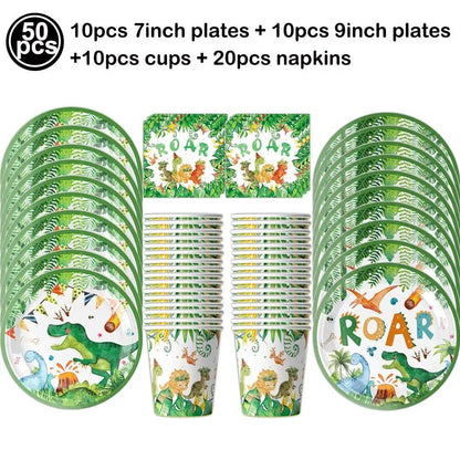 Dinosaur Birthday Party Supplies Disposable Tableware Dino Roar Plates Napkins Cups Tablecloth Banner Party Decorations for Boys