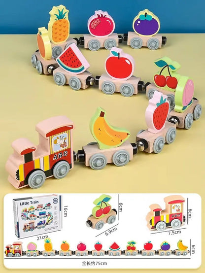 Montessori Magnetic Wooden Train Toys Early Educational Cognition Color Toy Learning Cars Animal Fruits Puzzle Train Set for Kid