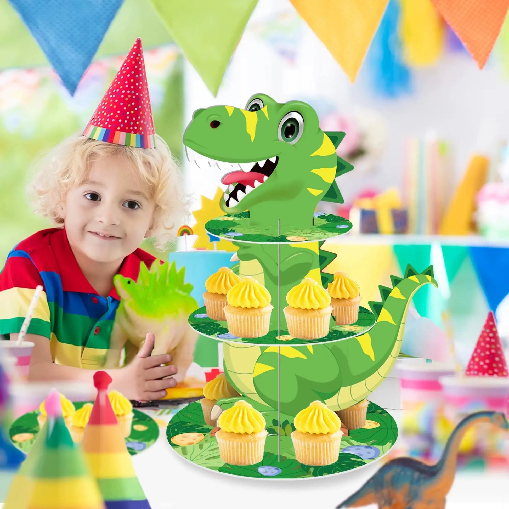 3 Tier Dinosaur Cupcake Stand Party Decor Cupcake Toppers Dino Dessert Tower Jungle Dino Theme Kid Boy Birthday Party Supplies