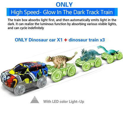 Dinosaur Toys-Magical Train Track Racing Toy Bend Flexible Race Track Flash Light Car Educational Toys for Kids Gift