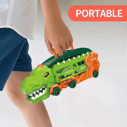 Transport Dinosaur Truck with Foldable Sliding Race Track, Transforms into Standing T-Rex & Trike, Best Birthday Gift for Kids