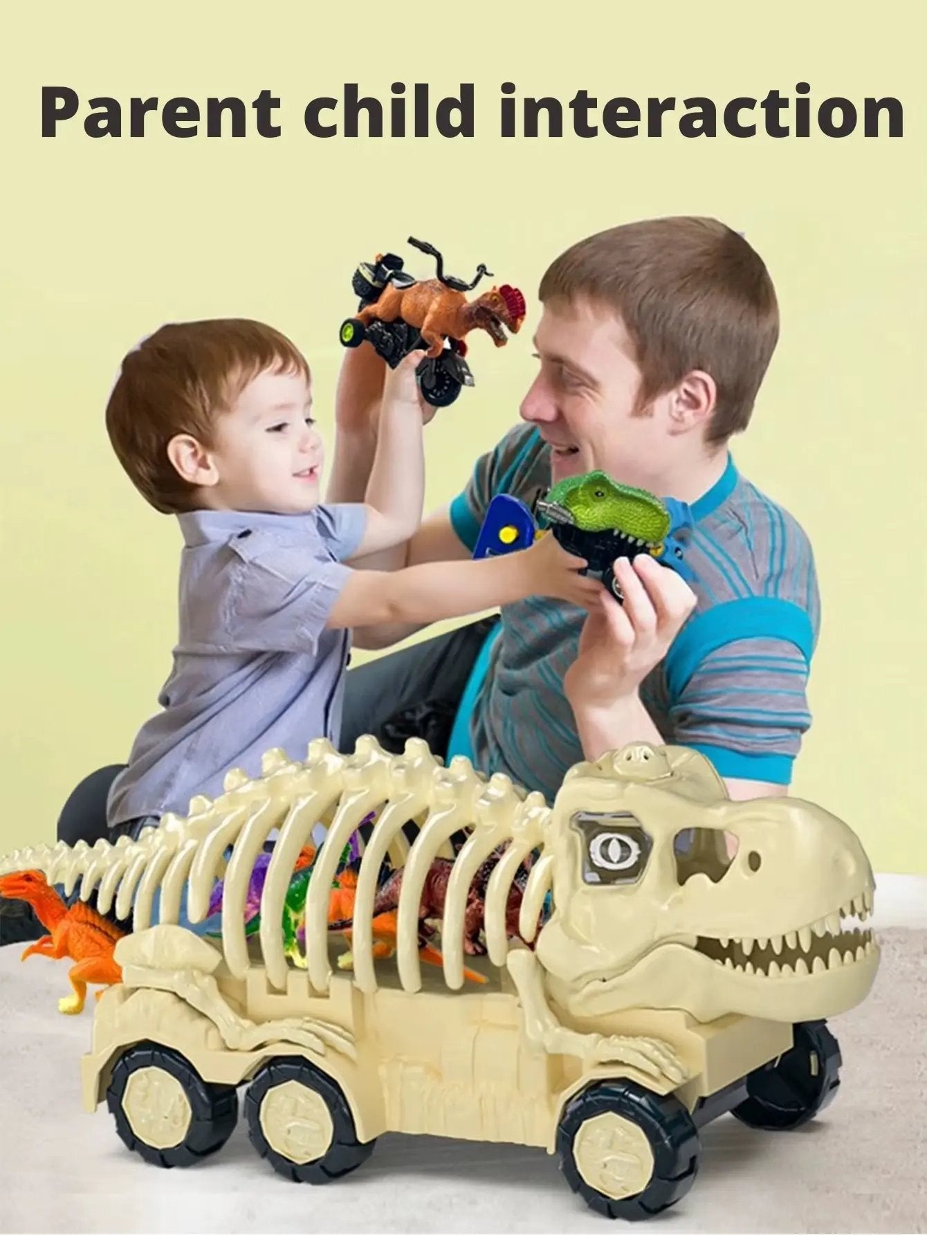 Dinosaur Skeleton Car Model (1 Large Car with 2 Small Cars (Random Style and Color) with Ejection Function, Sound, Light