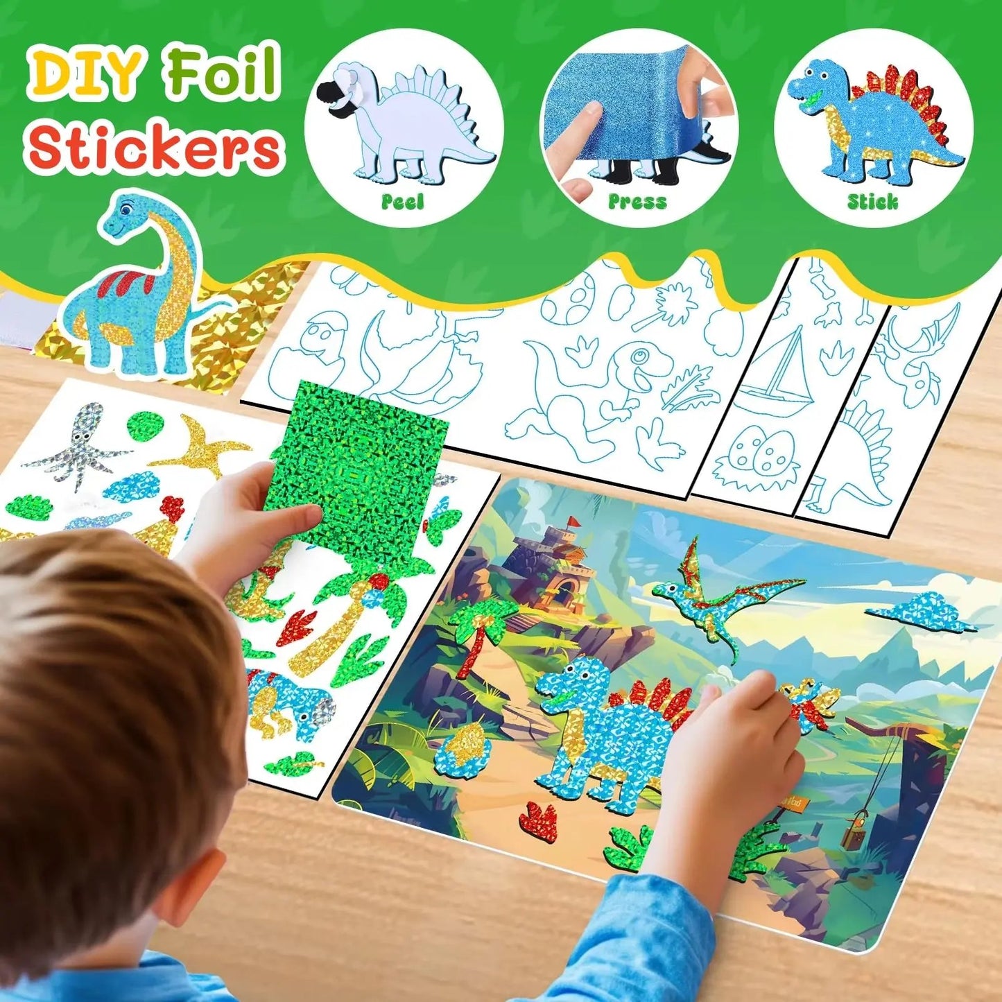 Foil Dinosaur Stickers Book for Kids DIY Foil Art Crafts for Christmas Gift Children'S Busy Sticker Paint Book Cute Stationery