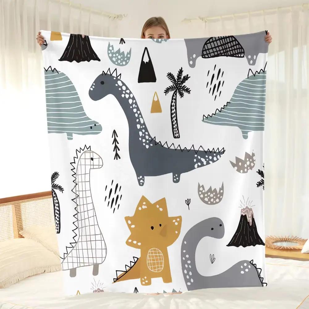 1Pc Comfortable Cartoon Dinosaur Pattern Blanket, Polyester Fabric Machine Washable, Suitable for Bedroom Living Room Decoration