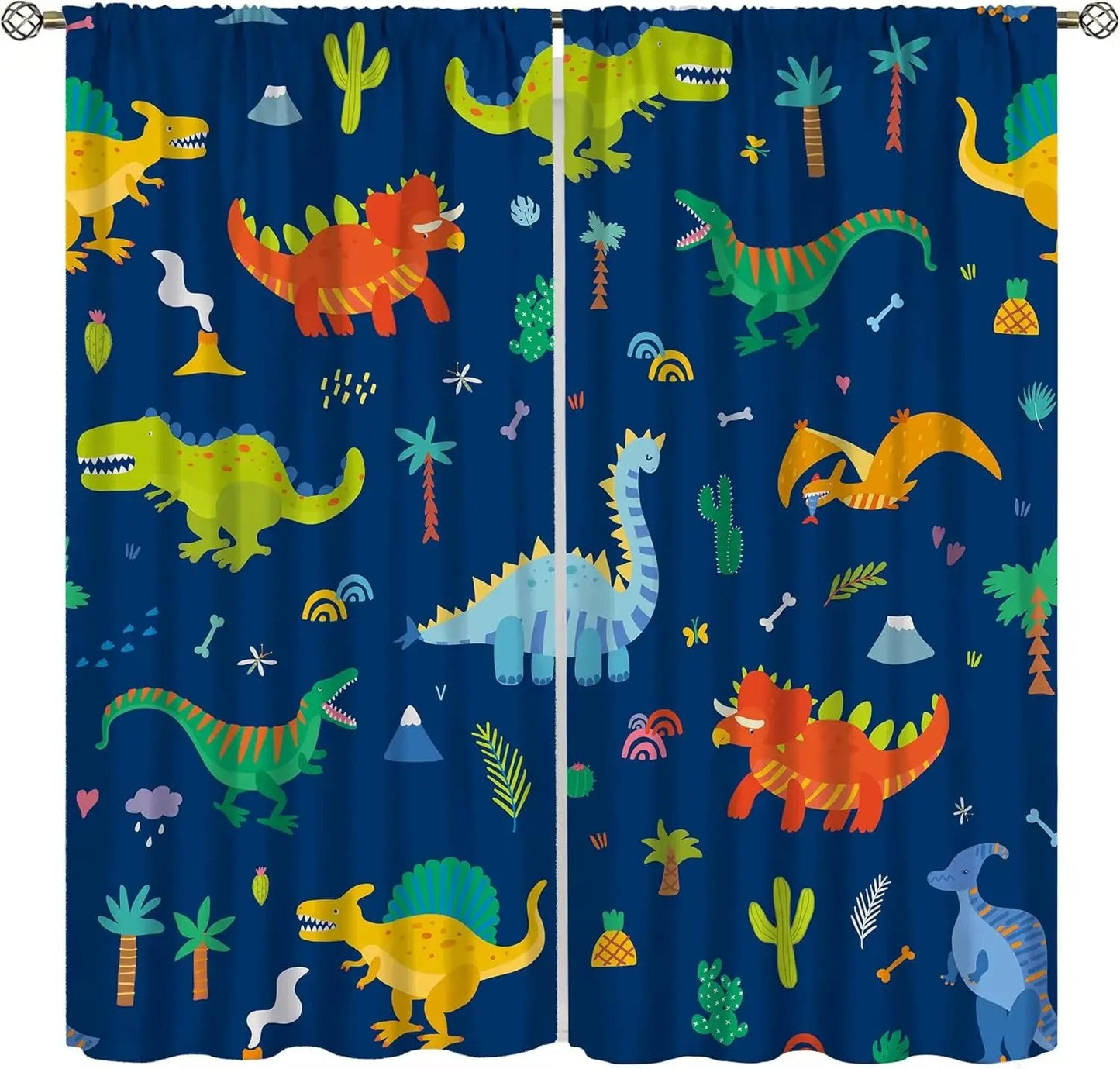 Toddler Dinosaur Curtains, Blue Cartoon Forest Plant Jurassic Cute Dinosaur Animal Windows Treatments Drapes for Boys Kids