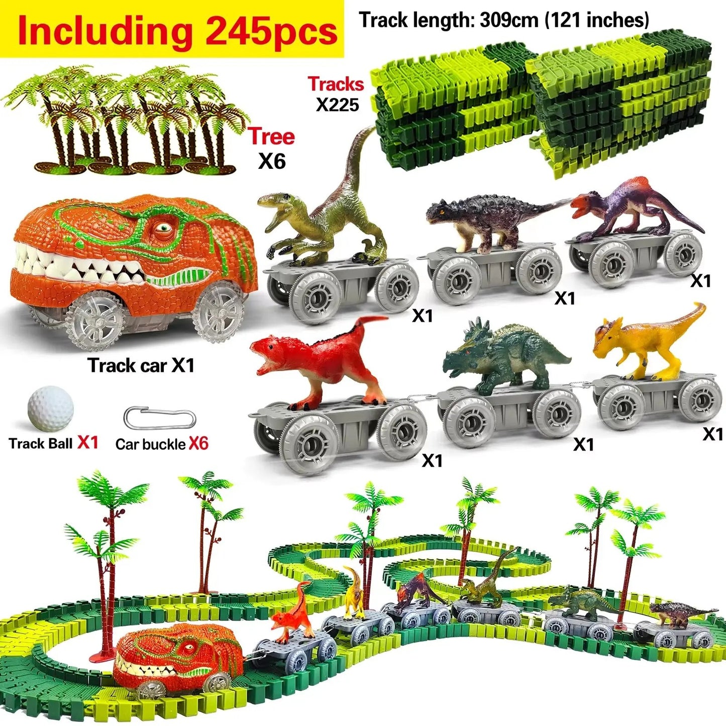 Dinosaur Toys-Magical Train Track Racing Toy Bend Flexible Race Track Flash Light Car Educational Toys for Kids Gift