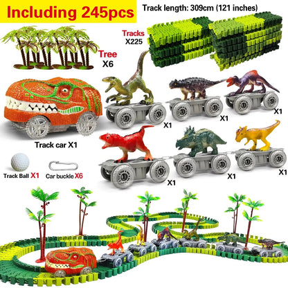 Dinosaur Toys-Magical Train Track Racing Toy Bend Flexible Race Track Flash Light Car Educational Toys for Kids Gift