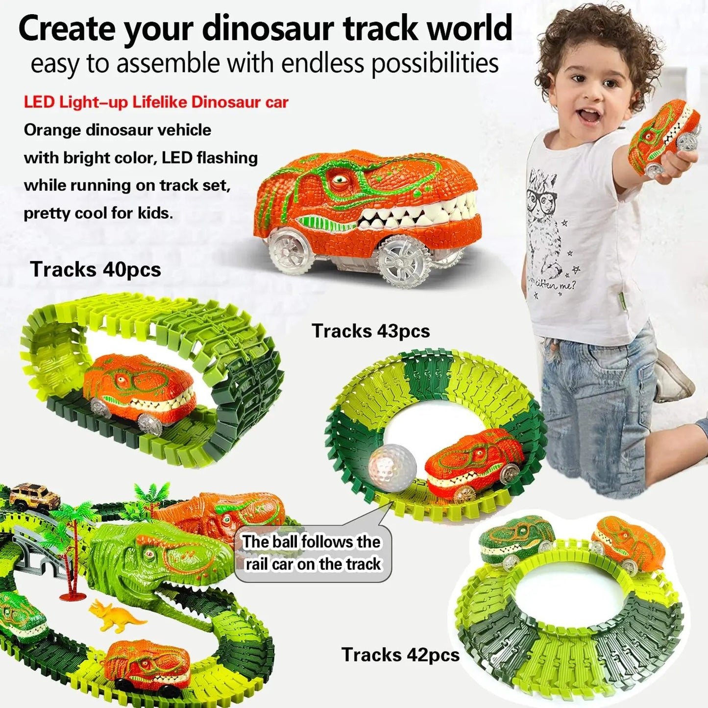 Dinosaur Toys-Magical Train Track Racing Toy Bend Flexible Race Track Flash Light Car Educational Toys for Kids Gift