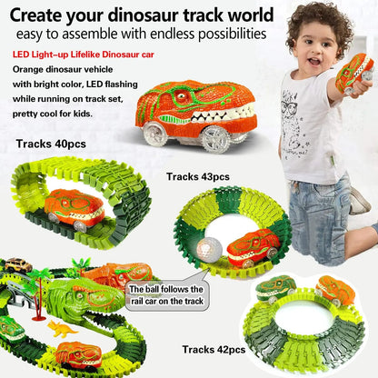 Dinosaur Toys-Magical Train Track Racing Toy Bend Flexible Race Track Flash Light Car Educational Toys for Kids Gift