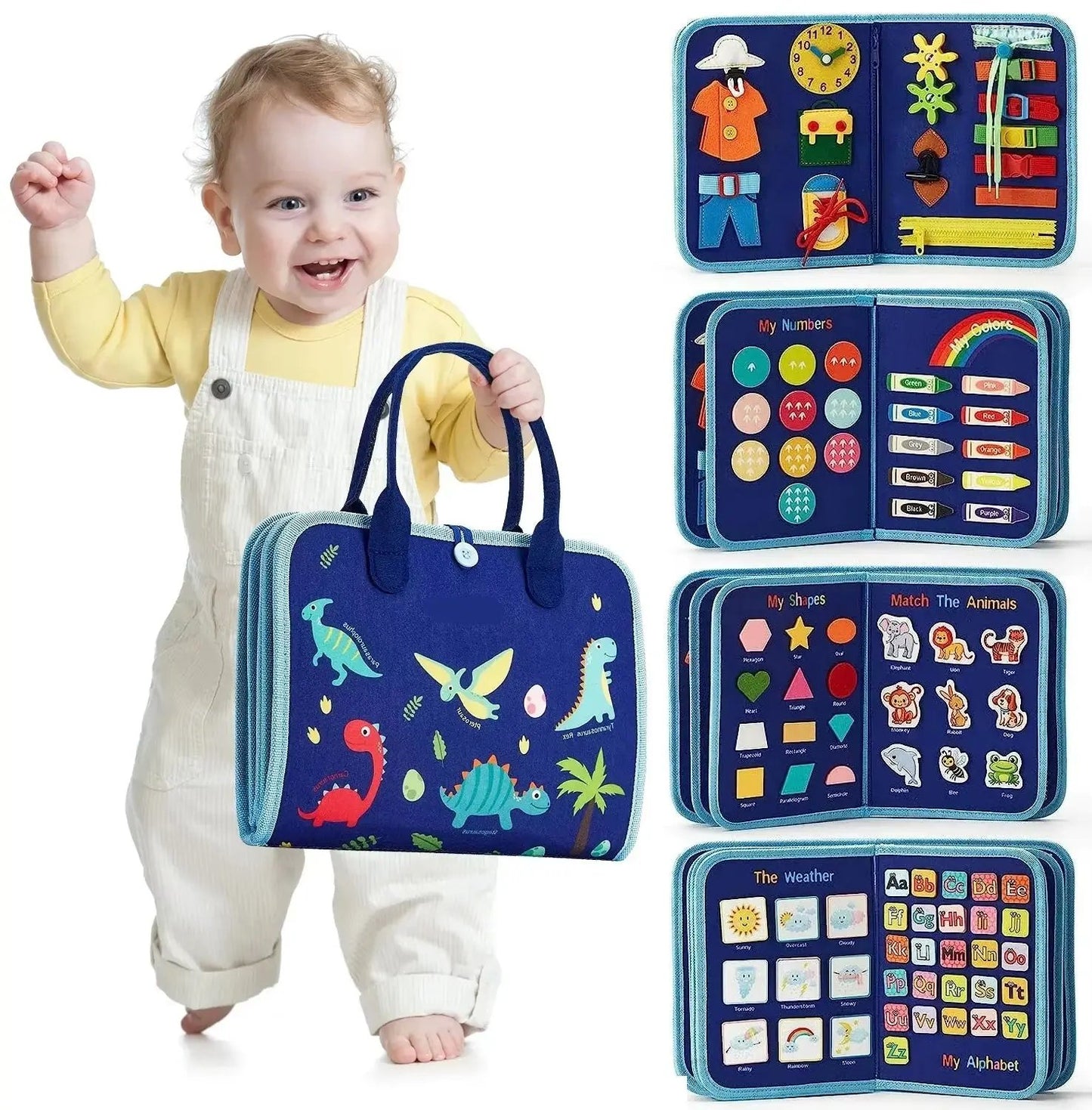 Toddlers Travel Busy Board for Boys Girls Montessori Toys for 2+ Year Old Preschool Learning Life Skill, Alphabet, Number, Shape