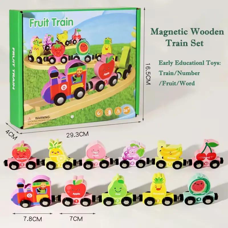 Montessori Magnetic Wooden Train Toys Early Educational Cognition Color Toy Learning Cars Animal Fruits Puzzle Train Set for Kid