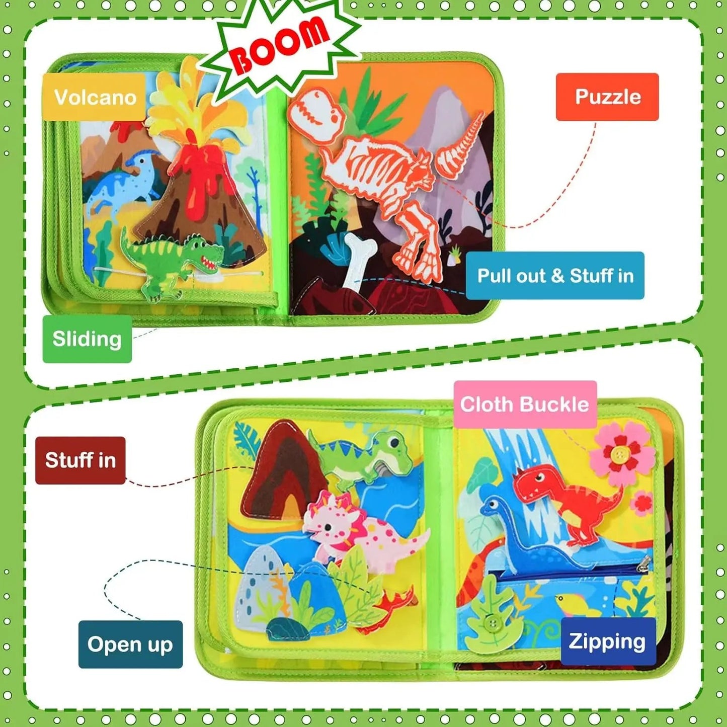 Dinosaur Busy Board Life Skills Educational Learning Sensory Felt Quiet Activity Books for Baby Travel Montessori Toys Boy Girl