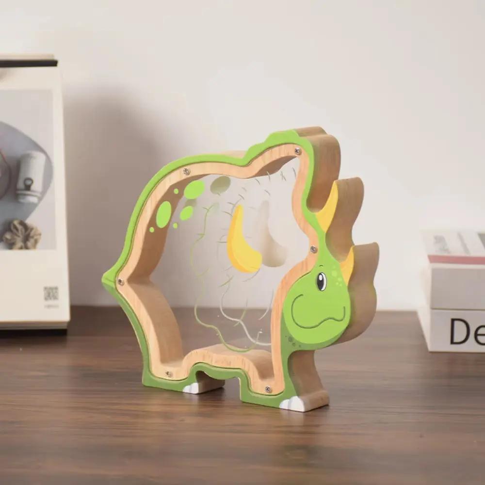 Wood Dinosaur Shape Money Box Piggy Banks Kids Coin Storage Case Children Cash Saving Transparent Home Decor